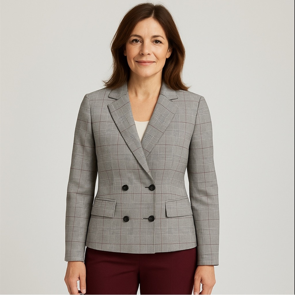 Etcetera gray, black, and burgundy window pane and plaid double-breasted jacket